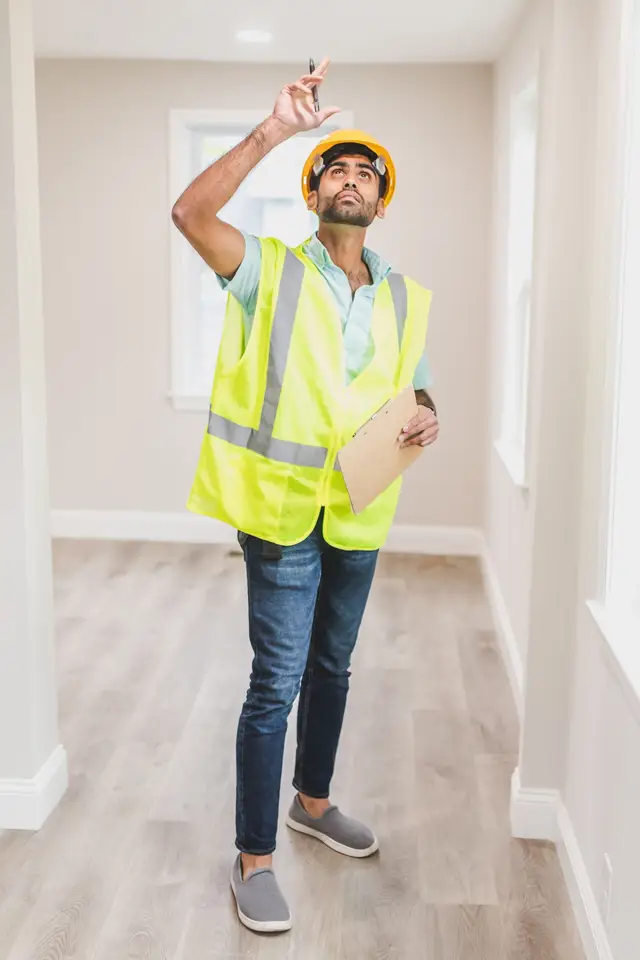 Inspector checking a ceiling indoors